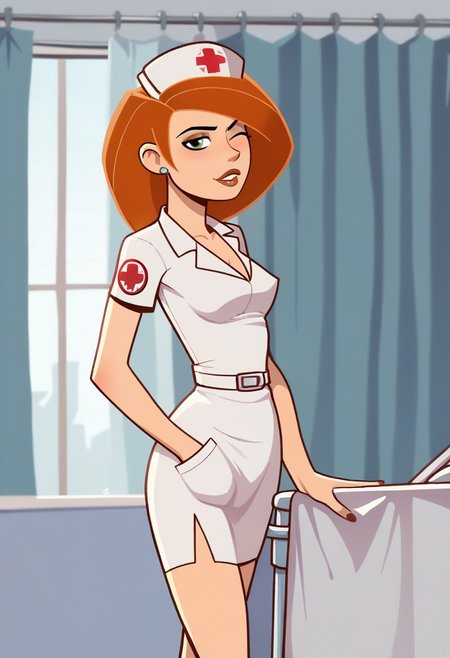 score_9, score_8, score_7, incogstyle, Kimpossible, 1girl, ((solo)), one eye brow raised, nurse outfit, in field hospital tent