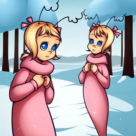 score_9, solo, cindy_lw, blonde hair, blue eyes, antennae, hair ribbon, adorable, outdoors, trees, snow, natural lighting