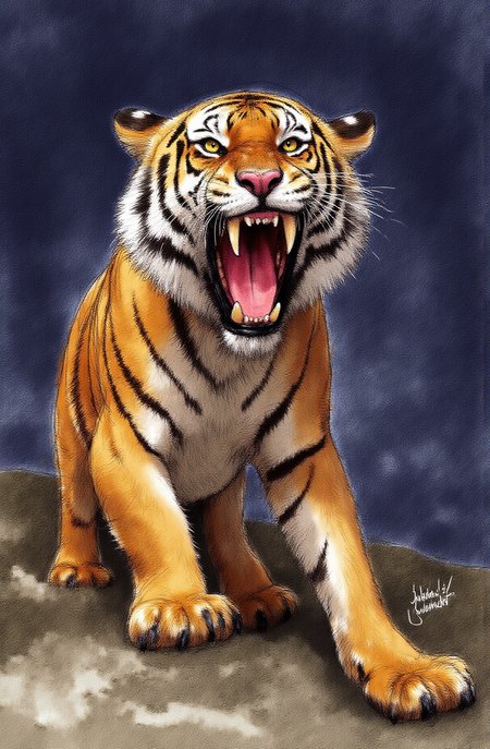 Sharp image of a rough sketch, rendered in vibrant multi colour ballpoint pen, capturing the adorable features of a digital illustration of a saber-toothed tiger roaring. The tiger is standing on a rocky terrain with a dark and stormy background. Its mouth is open wide, revealing sharp teeth and sharp claws. Its fur is a golden-brown color with darker spots, and its eyes are a piercing yellow. The overall mood of the image is fierce and powerful.  p3nsk, <lora:p3nsk:1>