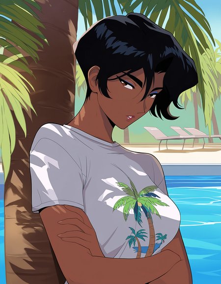 masterpiece, good quality, best quality, absurdres, highres, very awa, 
hayami ayuko, leaning back on palm tree, crossed arms, leaning back, leaning on object, leaning on tree, upper body, detailed arms, detailed hands,
dark-skinned female, 1girl, solo, parted lips,
black hair, short hair, brown eyes, makeup, lips, lipstick,
white shirt, t-shirt, (print shirt:1.1), palm tree print,
large breasts,
outdoors, poolside, tree, sidelighting, sunlight, day, 
<lora:Hayami Ayuko 3216 NoobAIXL Vpred:1>