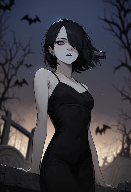 score_9, score_8_up, score_7_up, 
solo, horror theme, 
1girl, black hair, pale skin, purple eyes, hair over one eye, medium hair, medium breasts, slim red lipstick, 
black dress, silk dress, 
outdoors, graveyard, bats flying around, annoyed, dark sky, night, close up, parted lips, blurry background, 
<lora:Gogalking_-_style:0.8>, gogalking,