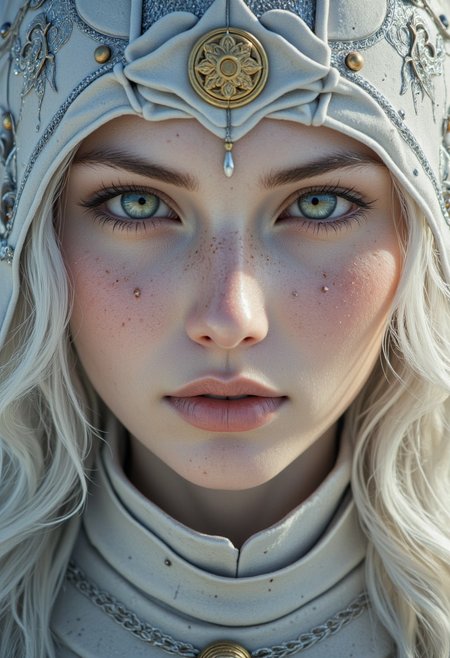 Extreme detailed photorealistic Face Closeup, best quality, masterpiece, HDR photorealistic image, extremely detailed, great lighting,, charming and blushed smiling heavy armored Vintage hkstyle science fiction fantasy inspired *snoo* knightess with flamboyant synthetic White organic translucent towering shoulder Armor And long white Hair, Freckles, shaded eyes, cracked porcelain but Natural human skin, very detailed skin, vibrant creativity in a single frame, intricate Armor emblem forming a snowman made of light particles her hand, exuding a laid-back yet dangerous vibe. The photo features faded colors, with a limited palette of gray, beige, and washed-out orange, capturing her cool, striking appearance.. cinematic composition, soft shadows, national geographic style, atmospheric haze, Film grain, cinematic film still, highly detailed,