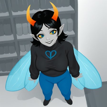 score_9, score_8_up, score_7_up, HD, best quality, masterpiece, solo, 1girl, Muscah, black hair, horns, antennae horns, pointy ears, makeup, coloured skin, grey skin, coloured sclera, yellow sclera, blue eyes, insect wings, large breast, black sweater, black turtleneck symbol on sweater, fly \(symbol\), blue pants, tight pants, smile, siting, high angle view, indoors, bar