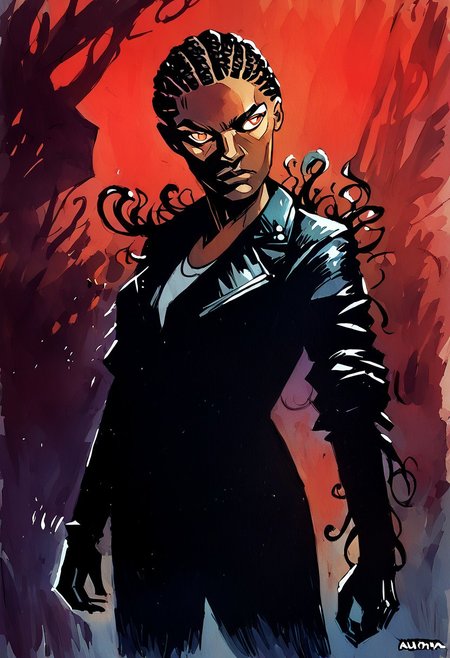 score_9, score_8_up, score_7_up, score_6_up, 1girl, watercolor painting, cowboy shot, (african), woman, (dark-skinned female), cornrows, leather jacket, surrounded by shadows, her eyes glowing red, background is a dark room, twisted shadows, sinister look on face, eye contact, 
expressive,
black linework, black hair, fflix-shadows, silhouette, tentacles, venom_assimilation
