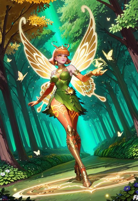 masterpiece, best quality, very aesthetic, absurdres, intricate details, 4k, semi realistic, cartoon, dutch angle, fantasy, orange energy around, green energy around, aura, gold dust particles surrounds her, dynamic pose, fighting stance, score_9, score_8_up, score_7_up, score_6_up, score_5_up, female, 21 years old, full body, newest, lora:AMarvelRivals_style:1 marvelrivals., flyaing through the sky, surrounded by butterflies,

A radiant forest spirit fairy stands in a powerful yet elegant stance, her body glowing with a mystical aura. Her luminous golden butterfly eyes shimmer like captured sunlight, framed by long, silver-white lashes. A soft blush dusts her cheeks, complementing her cute button nose and delicate facial structure. Wisps of silver bob-cut with a honey-gold ombre cascade around her, interwoven with small flowers and vibrant green leaves.

Her translucent butterfly-like wings, infused with warm orange hues and glowing golden veins, flutter with a fiery radiance, leaving behind a faint trail of shimmering light. Small, curled antennae extend from her forehead, sensing the life force around her.

She wears a leaf dress woven from deep green foliage, elegantly wrapped around her form like living armor, adorned with tiny glowing amber gemstones. Vines coil around her arms, trailing down to her wrists. Swirling gold dust dances around her as she channels both the energy of the forest and the raw power of nature, exuding both serenity and unyielding strength.