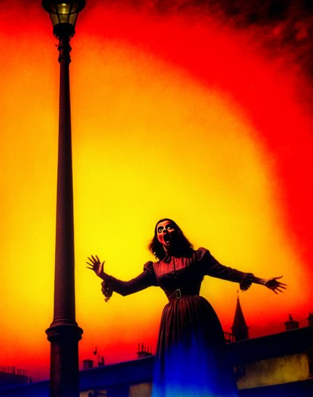 A streetlamp flickering as if alive, afraid of dawn -- <lora:Vintage Horror XL:1> Vintage Horror, painting , <lora:pal:1> Photo of a woman.   <lora:Ingrid Bergman SDXL:1> namgrebdirgni  <lora:Psycho:1>