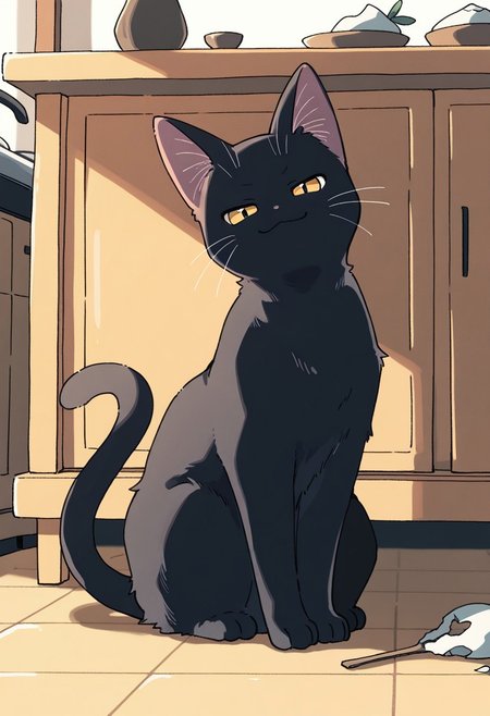 (masterpiece, best quality, high quality, highres), very awa, highres, absurdres, detailed, intricate,
cute, (naguru \(cyoroama\):0.9), (chii-kun \(seedyoulater\):0.7), 
no humans, solo, full body, animal focus, 
black cat sitting on a table, arrogant, smug, looking at viewer, broken vase on the floor,
cozy kitchen background,  indoors,