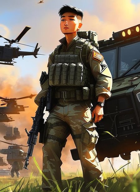 samdoesarts;  an image of man with military gear, cargo pants, (intricate), (detailed), digital art,  dynamic pose, in a battlefield