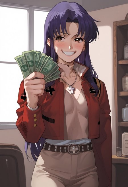 abbystea style, score_9, score_8_up, score_7_up, source_anime, rating_explicit, misatokatsuragi, misato katsuragi, long hair, brown eyes, purple hair, parted bangs, a lot of jewelry, jacket, belt, straps, necklace, cross, cross necklace,  evil smile, wide smile with teeth, cowboy shot, looking at viewer, solo, gangstersb, thumbs up, one eye closed, grin, smile, money, holding money, portrait, cropped torso, indoors, in misato katsuragi flat, 
BREAK,
1boy, shinji, sad shinji on background, shinji sad, shinji blushy,