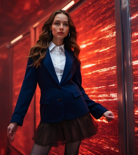 raw photo, digital photo, realistic, raw, hyperrealistic, ultradetailed, sci fi , futuristic, cinematic, tall, slender, 25yo, masterpiece german female, earrings, very long chestnut wavy hair,, midnight-blue jacket, white crisp shirt, darkblue skirt, sheer brown pantyhose, lowheels, standing, strict expression, no makeup, holding tablet pc,, indoors, hall, metal walls, control panels, led lights, laser lights, dim lights, windows, (red sky, red terrain outside the windows:1.2), best effects, details, edge detection, full body,  <lora:d\EnvyAwesomizeXL01:1> awesomize