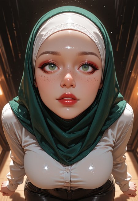 very detailed, flat color, no lineart, Vibrant Contrast, gradient colors, particle effect, (fine fabric emphasis:1.2), (((masterpiece, amazing quality, best quality, ultra-detailed, 8K, illustration, amazing quality, newest, absurdres, realistic))), highres, very aesthetic, absurd res, hi res, very awa, dynamic angle, refined, volumetric lighting, cinematic lighting, blurry background, close up vivid colors, ((source_realistic:1.6)), hyper detailed, (dynamic pose:1.4), depth of field, photorealistic colors,  

1 girl, (ultra HD quality details),  wearing a hijab, fashionable hijab, hijab, long sleeves, 18 years old, Slim girl, huge breasts, narrow waist, wide hips, skinny, petite,  full body,

 asian, pornstar, short, slim, cute face, heavy makeup, dark green eyes, plump lips, freckles, upturned nose, perfect breasts, red lipstick, fair skin, (sheer white top), (((close up, cowboy shot, portrait))), sexy pose, dark background,

