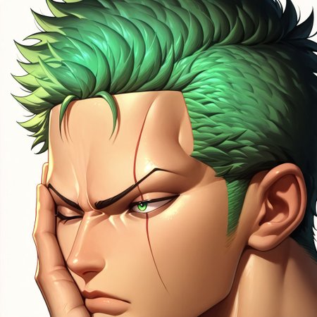 masterpiece, best quality, newest, absurdres, highres, ArcaneEyes-IL, 1boy, Zoro /(one piece/), green hair, one closed eye, one eye open, scar over eye,