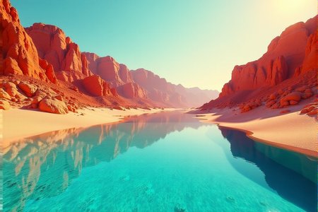 A Chromatic Aberration Mirage of a desert oasis, where color fringing and light distortion create the illusion of shimmering heat waves and optical displacement. Use vibrant turquoise and orange to emphasize the chromatic effectsâââ