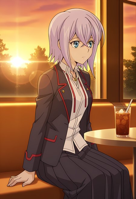 masterpiece,best quality,amazing quality,

1girl, solo, face focus,

Misaki Tokura (Cardfight Vanguard), short hair, purple hair, blue eyes, hair between eyes, school uniform, necklace, jewelry, shirt, jacket, blazer, long skirt, pleated skirt, black footwear,

cinematic, upper body, iced tea, 

Sit, sitting, glass, cafe, greenery, 

afternoon, sunset, 

Lens flare, bloom,

Official style, anime screencap, anime coloring,
















