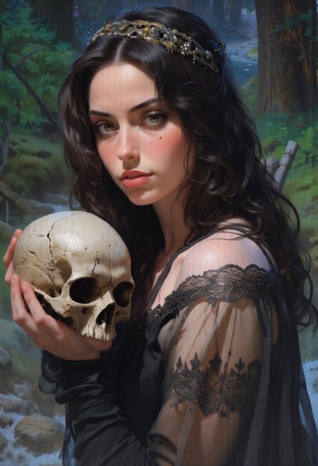 A woman holding a skull.