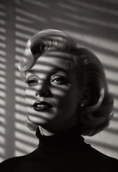 casting shadow style portrait of Marylin Monroe in her 20s wearing a black turtleneck (with a shadow on her face:1.2), serious look, cucoloris patterned illumination, shallow depth of field, highly detailed, high budget, bokeh, cinemascope, moody, epic, film grain, grainy, black and white