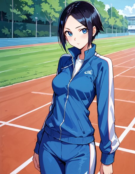 score_9, score_8_up, score_7_up, source_anime, anime screencap, anime coloring, masterpiece, best quality, traditional media, uncensored, 1girl, solo, (cowboy shot:1.2), eri todo, blue eyes, black hair, short hair, parted bangs, medium breasts, track suit, blue track jacket, open jacket, shirt, long sleeves, blue track pants, breasts,  <lora:eri todo_Iitai Koto wa_Pony:1>, outdoors, cute face, (skindentation:1.2), ultra detailed eyes, depth of field, dynamic angle, sharp, (intricate details, hyperdetailed:1.15)
