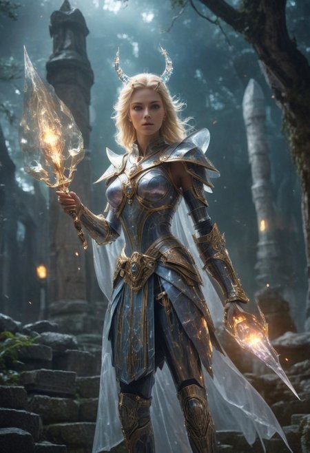 "cinematic film still Create a powerful fantasy scene featuring an ancient blonde sorceress girl wearing shining crystal armor that is pure magic. The sorcerer, draped in long, flowing robes adorned with arcane symbols, stands atop a stone platform in the middle of a mystical ruin. They hold a staff covered in glowing crystal, casting a powerful spell that creates a swirling magical energy around them. The ruins are surrounded by a dark, enchanted forest, with glimpses of strange creatures in the shadows. The sky is dark and stormy, with lightning illuminating the scene. The composition should exude a sense of ancient power and mystical intensity. photography, natural geographic photo, hyperrealistic, 16k resolution, (masterpiece, award-winning art), high detail, extremely detailed, full of detail, wide color gamut, high dynamic range, shallow depth of field, vignette, highly detailed, high budget, bokeh, cinemascope, moody, epic, beautiful, film grain, grainy, highest quality, masterpiece, realistic textures, subsurface scattering, detailed face, perfect sky, perfect lighting, (realistic:1.4)"