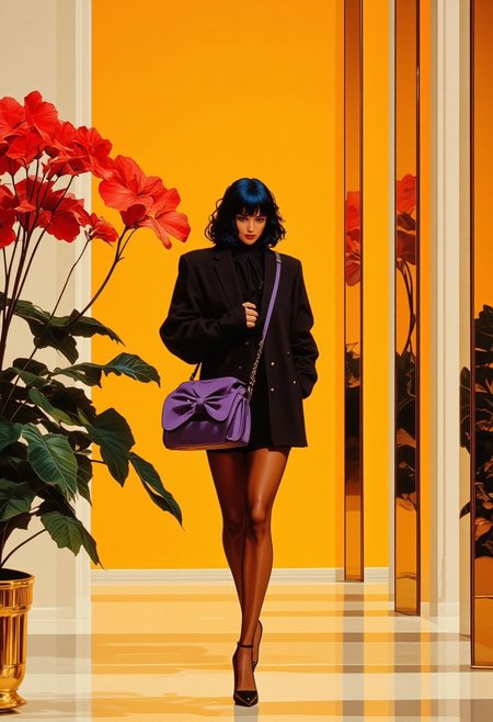 A hyper-realistic digital portrait of a young woman walking confidently across a sleek indoor studio with warm yellow walls and a matching floor, exuding timeless elegance. She wears a chic black blazer adorned with a large bow-like accessory on the front, paired with sheer black tights and sleek black high-heeled shoes that highlight her graceful stride. A vibrant purple handbag hangs from her shoulder, adding a striking pop of color to the refined ensemble. Her short, dark hair frames her face, which is partially visible as she glances down with a poised, contemplative expression. The studio features bright red leaves of an Anthurium plant adding a bold, organic contrast, while pristine white pillars frame the space with classical sophistication. In the background, three towering chrome monoliths with shiny, reflective surfaces sparkle subtly, creating an ethereal, futuristic touch against the warm, minimalistic interior. The polished textures of the floor and monoliths enhance the composition’s depth and vibrancy, emphasizing the woman’s commanding presence. HD, 8K quality, ultra-detailed, masterpiece artwork, flawless anatomy.