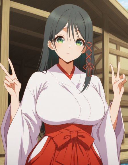 masterpiece, best quality, amazing quality,, <lora:yae-amagami-s1-illustriousxl-lora-nochekaiser:1>, yae amagami, long hair, bangs, black hair, ribbon, green eyes, hair ribbon, mature female, breasts, anime screencap,, skirt, long sleeves, japanese clothes, wide sleeves, kimono, hakama, hakama skirt, white kimono, miko, red hakama,, stilt house, tall, water, unique, support, , v, looking at viewer, solo,, cowboy shot, solo