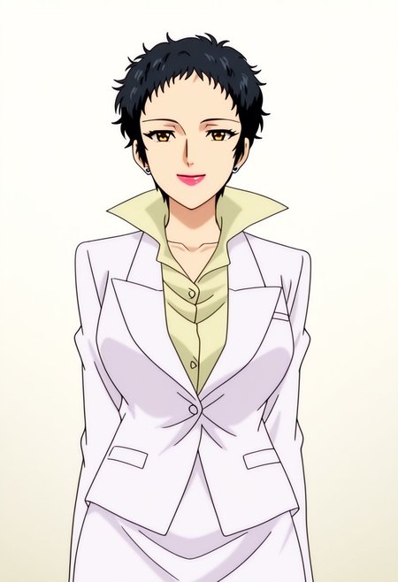 best quality, masterpiece, anime screencap, anime coloring, ultra detailed, source_anime, intricate details, perfect anatomy, looking at viewer,
haskata ren, black hair, short hair, very short hair, brown eyes,  lips, lipstick, jewelry, earrings, makeup, breasts, large breasts, smile, 
formal, suit, white suit, skirt, pencil skirt, white skirt, shirt, yellow shirt, collared shirt, stand-up collar,
simple background, white background,