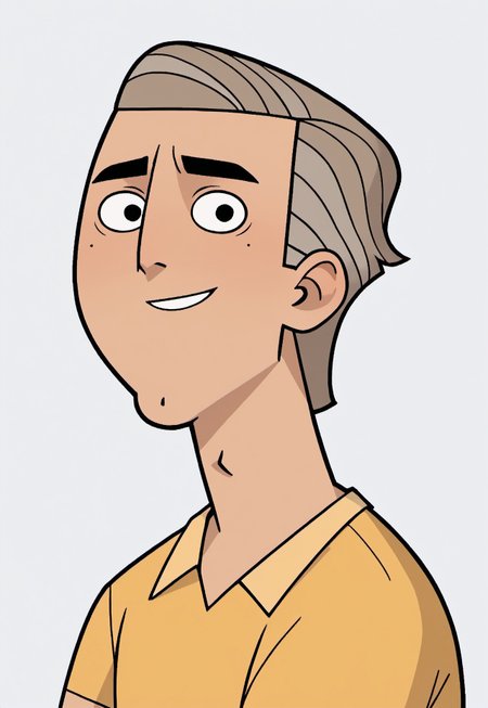safe_pos, score_9, score_8_up, score_7_up, source_anime, rating_nsfw, ultra hd, absurdres, solo, masterpiece, best quality, best aesthetic, Expressiveh, 1boy

TDDwayne, grey hair, black eyes, yellow shirt, short sleeves, portrait, headshot, looking at viewer, smile