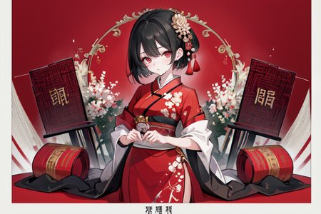 highly insanely detailed, masterpiece, top quality, best quality, highres, 4k, 8k, RAW photo, (very aesthetic, beautiful and aesthetic),  
(code_style,codestyle),traditional chinese text,japanese text,english text,(sympattern,geometric pattern), 
<lora:CodeStyle (half generic class)_564920:0>, 
(1girl:1.3), 1other, 
ruby red background,âââ