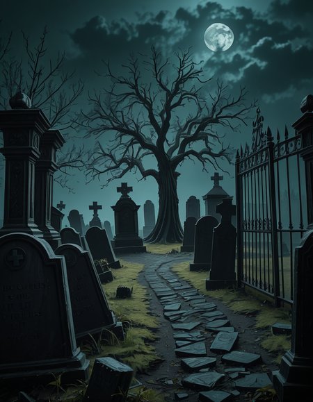 A dark and eerie cemetery shrouded in mist, with ancient, weathered tombstones covered in moss. The scene is dimly lit by a pale, ghostly moonlight filtering through twisted, leafless trees. Cracked stone pathways lead through the graveyard, partially hidden by overgrown grass and creeping ivy. A few old, gothic-style mausoleums stand in the background, their iron gates slightly ajar, adding to the mysterious and haunting atmosphere. Wisps of fog swirl around the gravestones, enhancing the eerie mood. The overall color palette consists of deep blues, grays, and muted greens, creating a cold and unsettling ambiance. The image is highly detailed and photorealistic, capturing the textures of the aged stone, the fogâs movement, and the ominous shadows stretching across the ground. 
<lora:SDXLFaeTastic2400:0.4> <lora:extremely_detailed:0.4> extremely detailed,<lora:33r13_c3m3t3ry-ill:1>,33r13 c3m3t3ry, Masterpiece,best quality,hi res,8k,hi res,8k,award winning,(sharp focus, intricate, highly detailed),