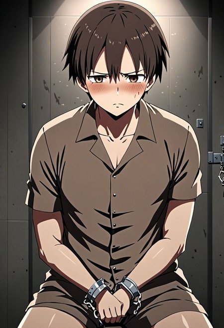 high resolution, solo, best quality, 1Boy, Takaki Toono, Brownish Hair, Brown Eyes, arrested, restrained, struggling, handcuffs, interrogated, interrogation room, OverallDetail