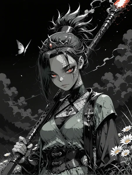 masterpiece,best quality,amazing quality,very aesthetic, absurdres, textured skin, anime style, (black and white, grayscale, monochrome:1.1), shaded, bold lines, Crestyle, detailed background, manga, 
shindol, Crestyle, m4ng4, Sinozick_illu, spot color, in the style of cksc, abstract, surreal, intricate background, ornate, wasabi_natsume_illu,
long shadows, Chiaroscuro Lighting, Loop Lighting, , 
1girl, curtained_hair, impossible long hair, folded_ponytail, hair_over_one_eye, cross shaped pupils, looking at viewer, thick eyebrows,    tabi socks with ninja sandals, butterflies in flight, criss-cross halter,  (solo:1.6), light skin,, dark hair, light eyes, young,  red eyes, sinister, dramatic, 
 (green clothes, colored clothes,:1.5)   Stole, tiara, armored, 
sateen luminescent dress, velvet multicolored Mini skirt, High-waisted trousers, 
flaming staff, holding weapon, large weapon, colossal weapon, oversized weapon,, fighting pose, (dynamic pose:1.4), motion lines,  (portrait, upper body:1.2),
simple background, flowers, daisy field, grass, starry sky, clouds,
 (Crimson background:1.1), black background, smoke, fog, heavy sky, dark theme, light particles, 
<lora:DetailedPerfect_hands_r1:1> <lora:ShindoL:0.5>   <lora:ill_yukimi_styleV1:0.3>  <lora:m4ng4XLP:0.8> <lora:Crestyle_Illu:0.3>  <lora:Sinozick_style:0.6>  <lora:ck-shadow-circuit-IL:0.3> <lora:OldAnimeStyle_XL_v3:0.2> <lora:xl_more_art-full_v1:0.4> <lora:StS-Illustrious-Detail-Slider-v1.0:1> <lora:TrendCraft_The_Peoples_Style_Detailer-v2.1A-3_12_2025-SDXL:0.2> <lora:- iLL - the_edgy_mech_V2.0-:0.3> <lora:ppw_v7_Illuv1.0_1_r2:0.3> <lora:add-detail-xl:1> <lora:ponyv3_ill01_2_adamW:0.2> <lora:wasabi_natsume_style_r1:0.2>