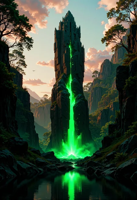 highest details, ultra hyper realism. highly detailed and realistic. intricate and highly professional artwork, an absolute masterpiece.
This is a high-quality digital artwork depicting a fantastical scene featuring a towering, jagged rock monolith,  illuminated by a vibrant, luminescent emerald glow. The rock structure, reminiscent of a natural spire, is centered in the image, and it´s sides  are illuminated by brightly glowing gemstone formations from the top down its sides, creating a striking contrast against the dark, rugged texture of the rock. The background features a serene forest bathed in the soft, warm light of a setting or rising sun, casting a gradient of pink and orange hues across the sky. The forest is composed of tall, shadowy trees framing the scene on both sides, adding depth and a sense of mystery. The foreground includes a tranquil, reflective pool of water, mirroring the green glow and the rock formation. The overall aesthetic quality of the image is very high, with meticulous attention to detail and a harmonious blend of natural and fantastical elements. The lighting is dramatic, highlighting the luminous reflections on the water and the rugged texture of the rock. The camera angle is slightly low, emphasizing the height and majesty of the rock formation.
<lora:artilands_v02_epoch_6:0.7>  <lora:Elden_Ring_-_Yoshitaka_Amano:0.35> <lora:FluxMythP0rtr4itStyle:0.3> mythp0rt <lora:flux.1_lora_flyway_Epic-Characters_v1:0.3>  <lora:Cinematic Film style v1.0:0.5> <lora:GrainScape:0.8> 8n8log, film photography aesthetic, film grain effect prominent throughout image, high contrast lighting creating dramatic shadows, grainy film-like texture