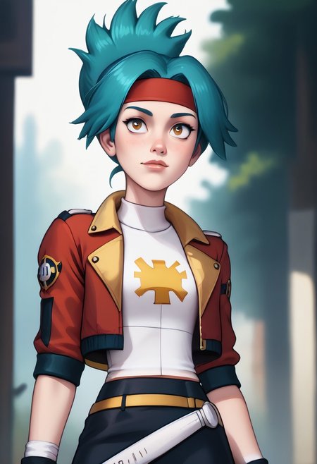 score_9, score_8_up, score_7_up, score_6_up, PRSNL_3_1, uncensored, pupils black dots, lips,
upper body, best quality, masterpiece, 4k, realistic, warm light,
1girl, solana, blue hair, ponytail, brown eyes
headband, cropped jacket, open jacket, red jacket, fingerless gloves, belt, shoes, thighhighs