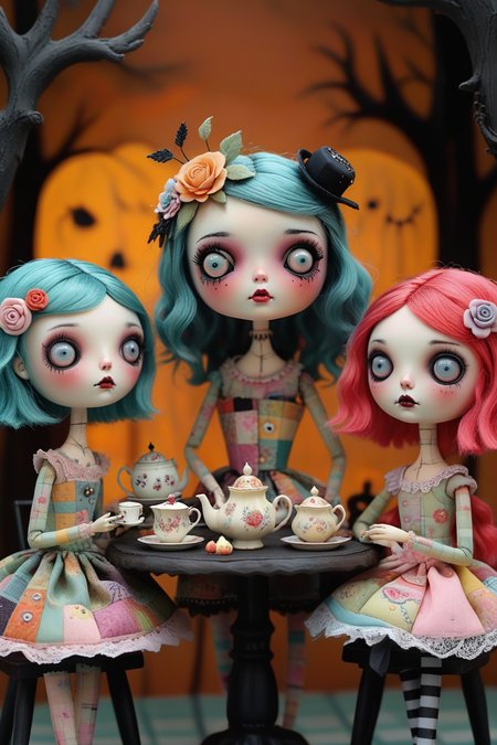 Imagine a whimsical tea party with a group of adorable patchwork dolls â each with their own unique personality and style,the dolls have bright vibrant colors and an endearing expressions with patchwork faces and flowing hair in the enchanting world of Mab Graves.colorful outfits,intricate stitching,and sweet treats that adorn the table,creating a spooky & sureal scene,<lora:TQ_-_Puppet_Dolls_In_Danger:0.8>,