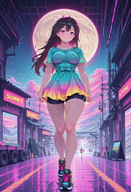 HDR, 8K, masterpiece, best quality, amazing quality, very aesthetic, absurdres, newest, (scenery, volumetric lighting),depth of field, 1girl,solo,(extreme close up),(Jump Cut Montage) , eyeliner,guilty \(nikke\), goddess of victory: nikke, 1girl, hair behind ear, purple eyes, hair between eyes, green hair, very long hair, two-tone hair, black hair, brown hair, streaked hair,,   ">/:/)", a Layered athletic dress with built-in shorts, an athletic dress with layered fabric that provides a flirty yet functional look, crafted from a moisture-wicking material, This dress is complemented by stylish, lightweight sneakers that offer comfort during workouts,medium breasts,(covered breasts:1.3),,skindentation,,Teleporting to Another Realm, garage,moon, spring_(season),solo focus,(shiny skin:0.7),masterpiece, best quality, amazing quality, very aesthetic, absurdres, newest, (scenery, volumetric lighting),depth of field, <lora:PinkieNeonAnimeIL:1>  neon illustration in the style of pinkneonanime <lora:Pastel_Glitch:1> in the style of Jedpstgl, Impressionism,  Vaporwave,Pixel Art