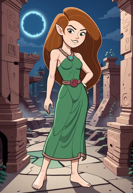 polanstyle, 1girl, elf costume, ancient ruins, mystical aura, night sky, kim possible 