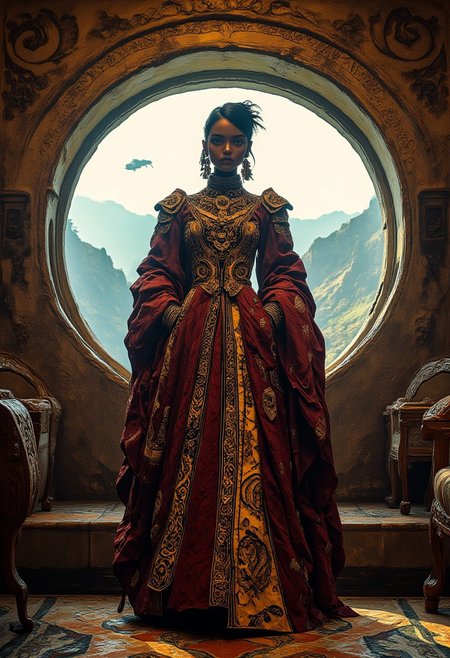 Portrait of the African empress (dressed in her burgundy and gold embroidered robe) stands at the round window in the well lit carved cyberpunk throne room, (and looks at the viewer), dramatic lush scenery outside, flying transports, intricate details, carved furniture, warm colours, midjourney_whisper_avant_couture, cyberpunk