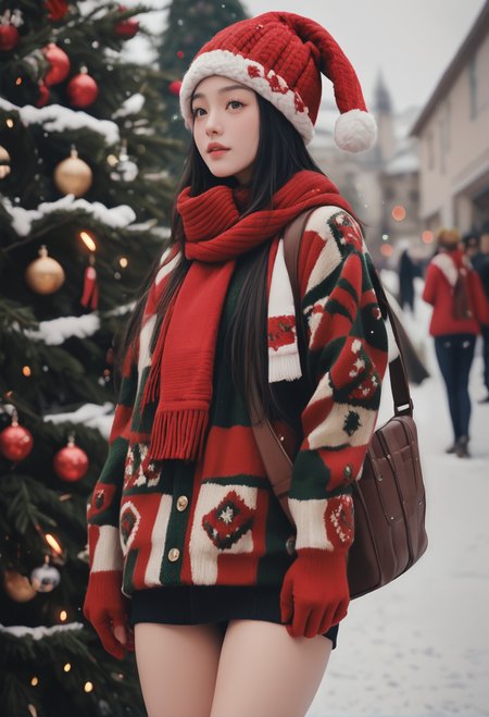 1girl,,ruanyi1386,beanie,multicolored clothes,striped clothes,red scarf,christmas,standing,thigh gap,christmas tree,blurry background,outdoors,red gloves,<lora:1386 christmas_v1_pony:1>, score_9,score_8_up,score_7_up,,8k,solo,,