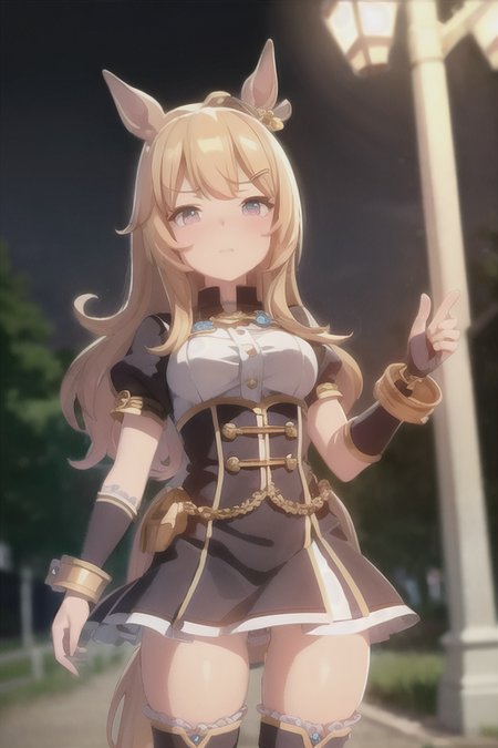 masterpiece,best quality,<lora:UmaMusumePrettyDerby_umms:1>umms,(horse ears, horse girl,:1.2) (horse tail,:1.3) ,full body

road, soft light,detailed lighting,cinematic light,neon lights,street lamp,shop,

detailed face,1girl,solo,hair bangs,hair clip,happy face,{{super detailed skin}},

{{wear armor}}, thigh boots,, detailed boot,gems, jewellery,badges ,shackles,
