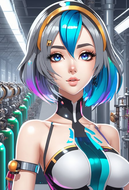 1girl, anime, beautiful girl with shiny multicolor hair with blue-grey highlights, hair bobbles, in a  factory, hourglass figure, facing viewer<lora:envy_xl_test_5:0.75>