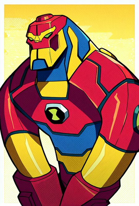 <lora:bloxx-10:1> bloxx, robot, mecha, solo, armor, green eyes,, massive arms, upper body, , red shoulders, big head, massive head, red blue yellow background,  white borders, masterpiece, best quality, amazing quality, very aesthetic, absurdres, newest,, upper body, halftone effect, white borders, abstract background:1.2,