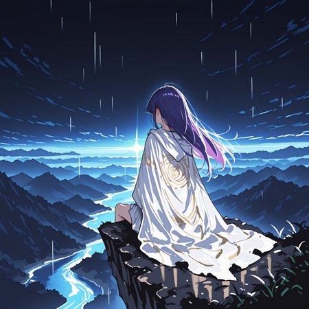masterpiece, best quality, amazing quality, very aesthetic, absurdres, newest, 8k, 5t4nd1ng_0n_3dg3, ma1ma1helmes_b_illu,sketch, BV-Illu, realistic,
BREAK, 
1girl, solo, from behind, sitting on edge, mountain ledge, horizon, short purple hair, straight hair, leaning back, ornate clothing, white clothing, flowing white cloak, intricate cloak designs, detailed sky, dark skies, night, rain,
BREAK, dynamic lighting, detailed background, dramatic lighting, depth of field, volumetric lighting