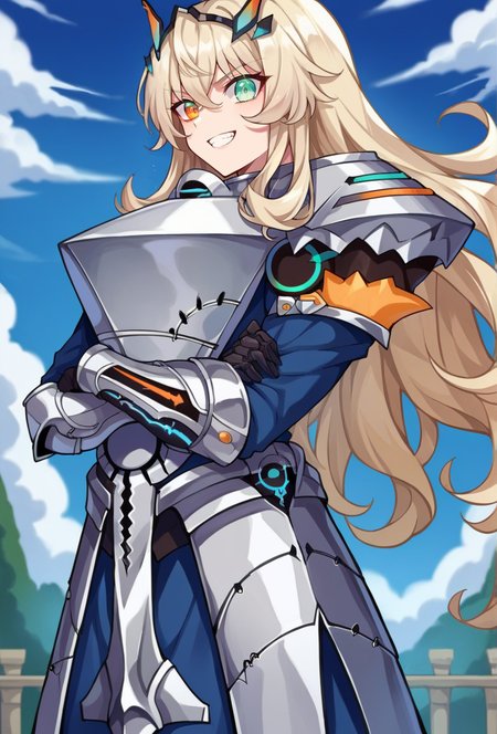score_9, score_8_up, score_7_up, source_anime BREAK 1girl, solo, looking at viewer, cowboy shot,  <lora:Barghest_Sdxl-11:1>, Barghest_Armored, platinum blonde hair, crossed bangs, very long hair, wavy hair, sidelocks,  heterochromia, glowing eyes, full armor, glowing armor, armored dress,  collar,shoulder armor, chain, pauldrons, gauntlets, breastplate, boobplate, gloves, armored boots, faulds, vambraces, muscular female, long sleeves, outdoors blue sky, medieval, evil grin, crossed arms,  from side,