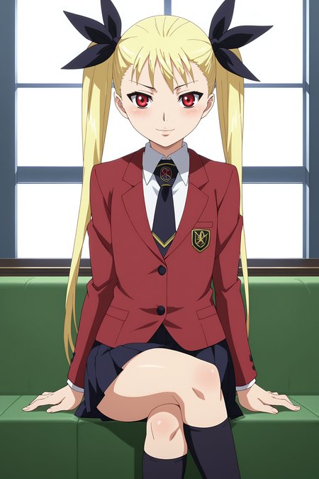 score_9, score_8_up, score_7_up, source anime, prefect lighting, very aesthetic, BREAK, anime screencap, anime coloring,
<lora:mina_tepes_v1:1>, 1girl, mina tepes, dance in the vampire bund, blonde hair, red eyes, long hair, twintails, hair ribbon, flat chest, sitting, school uniform, necktie, socks, crossed legs, blazer, 
BREAK, looking at viewer, light smile, blush, cowboy shot, 
BREAK,