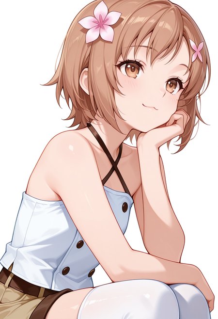 Smooth Quality,masterpiece,very intricate, high quality details, ultra realistic, high detailed skin,detailed enviorement,absurdres,
head rest,
 <lora:Yukimura_Kusunoki_CNR:0.8> yukimuria_cnr, 1girl, brown hair, short hair, brown eyes,hair flower,, simple background, white background, from side,solo,, ;3,, criss-cross halter,double-breasted,jogger pants,  ,thighhighs,