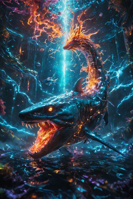 A majestic and fierce shark with dragon-like features swimming in a mystical underwater world, realistic painting by Thomas Moran and Claude Monet, vibrant colors, intricate details, long shot  <lora:add-detail-xl:0.8> <lora:detailed_notrigger:0.8> <lora:glowneon_xl_v1:0.8> glowneon, glowing, sparks, lightning <lora:JuggerCineXL2:0.8> Movie Still, Film Still, Cinematic, Cinematic Shot, Cinematic Lighting <lora:SDXLFaeTastic2400:0.8>