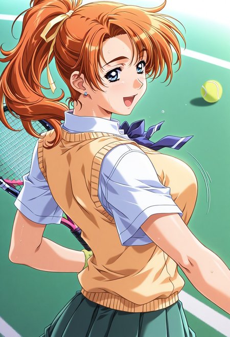 masterpiece, best quality, newest, highres, uncensored, 1girl, yokota mamoru style,motion lines,1girl,Kanou Makoto Again Version,blue eyes, orange hair, 1990s (style), large breasts,long hair,Earrings,  1girl, solo, ball, ponytail, racket, tennis ball, tennis racket, long hair, blue eyes, open mouth, looking back, ribbon, school uniform, hair ribbon, smile, sweater vest, sweat