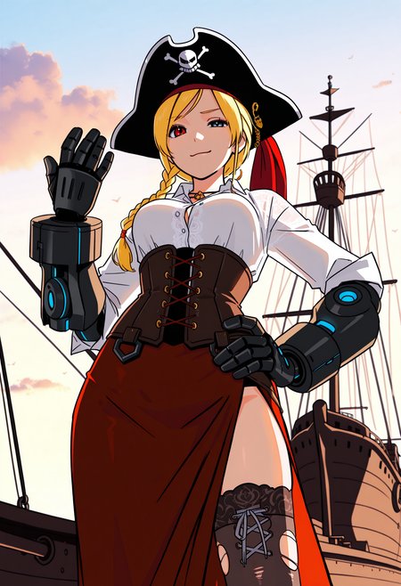 lineart, pencil art,
solo, ((cyber arms)), 1girl, blonde, braid hair, heterochromia, right eye blue, left eye red, medium breasts,
white shirt, lace-up shirt, corset, long skirt, skirt side slit, thighhighs, torn thighhighs,
smug, outdoors, ship, pirate ship, rigging, cutlass,pose, pirates of the caribbean, pirate hat, good hands, hand on hip,
from below,
<lora:hamafuguIL-style:1.2>,hamafugustyle,