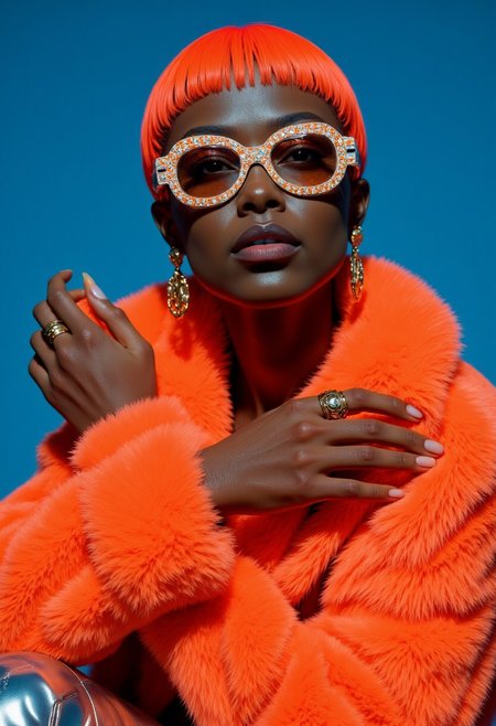 A celebration of bold individuality, where avant-garde elegance meets vibrant retro-pop artistry. 8k, hyper-realistic, cinematic quality, photorealistic, HDR, featuring a striking black female model with radiant, flawless skin. Her hairstyle is a sharp neon orange bob, exuding confidence and individuality. She wears checkered white-and-orange oversized sunglasses and a fuzzy neon orange jacket with a rich, glossy texture, creating a striking interplay of bold materials and vibrant tones. The backdrop is a high-contrast electric blue, amplifying the boldness of her attire and framing her presence with a modern pop-art vibe. The vivid orange and blue palette channels energy and sophistication, reminiscent of Fuji Velvia 50’s saturated tones, delivering a radiant, retro-futuristic feel. Her outfit seamlessly blends avant-garde fashion with playful yet striking elements. The jacket’s texture contrasts with sleek metallic pants in vivid silver, adding a touch of futurism to the pop-inspired ensemble. Accessories include chunky geometric earrings and a bold neon ring, reflecting mathematical symmetry in their design, subtly tying back to the theme of structured elegance. The soft yet precise shadows create a sculptural effect, while the intense colors maintain their playful edge. vantablack, S1n0z1ck style, MaleniaRot, wired-cyborg,