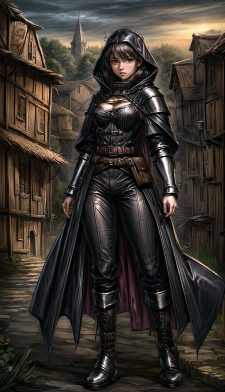 medieval, gothic, (medieval village background:1.2),
straight-on,
full body, female, adult, thick body, busty,
a dark doublet with metal buttons and a high collar, tight trousers with revealing gaps in, tall boots, leather belt with pouches, leather gauntlets, hooded cape, 
hair braided in to a crown held together by small silver charms, black hair,
HD, very detailed, 
 <lora:more_details:1.0>,   <lora:Darkness:0.65> darkness,  <lora:Bloodborne:0.5> <lora:Gothic_Outfit:0.5> gothout,