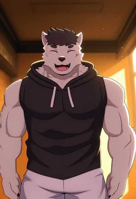 <lora:GabeV2:1>, gabe, wolf boy, short hair, black hair, wolf tail, blue eyes, perfecteyes, muscular male, bara, athletic build, furry male, furry, solo, 1boy, beautiful, hyper-detailed, highres, amazing quality, very aesthetic, dynamic lighting, detailed background, black hoodie, sleeveless, white shorts, cowboy shot, dynamic angle, ^_^, face focus, close up, portrait